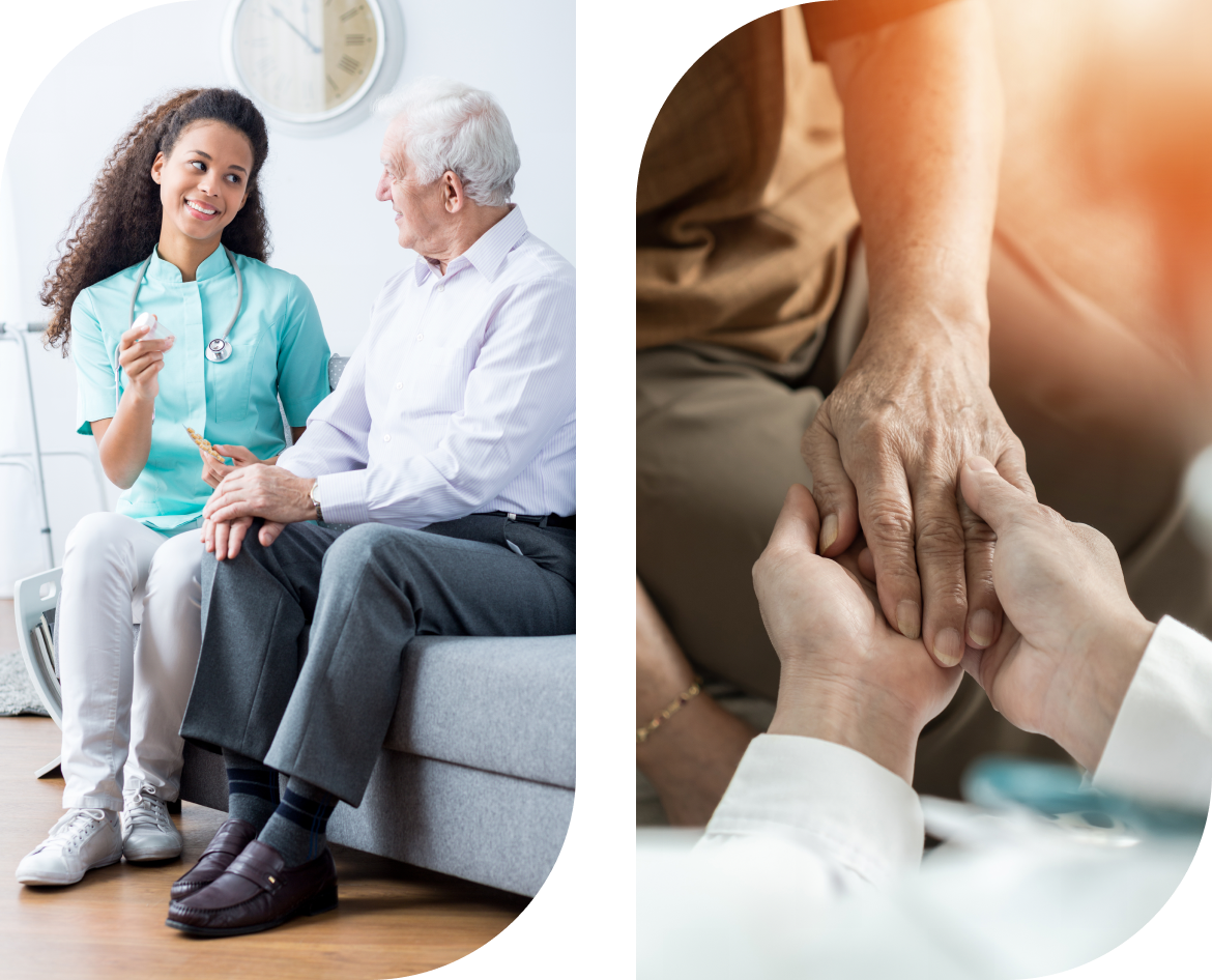 Healthcare professional comforting senior person